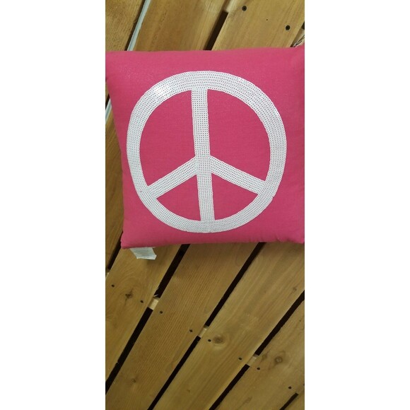 Pillow Hot Pink Bright with White Sequin Peace Sign Decoration Teen Square 16x16 - Picture 2 of 2